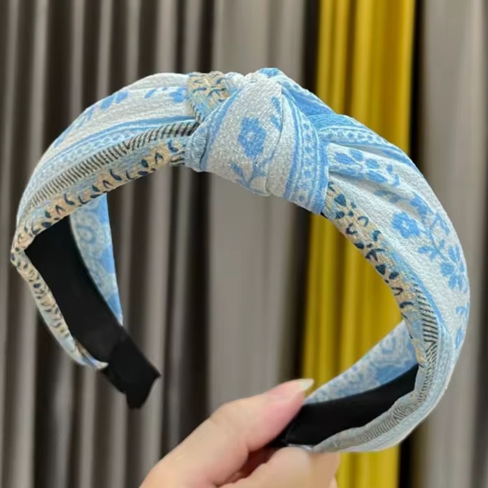 Pale Blue Floral Headband with Topknot